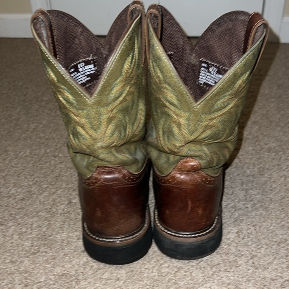 Justin Boots Brown and Green Cowboy Boots with Decorative Stitching - Picture 2 of 8